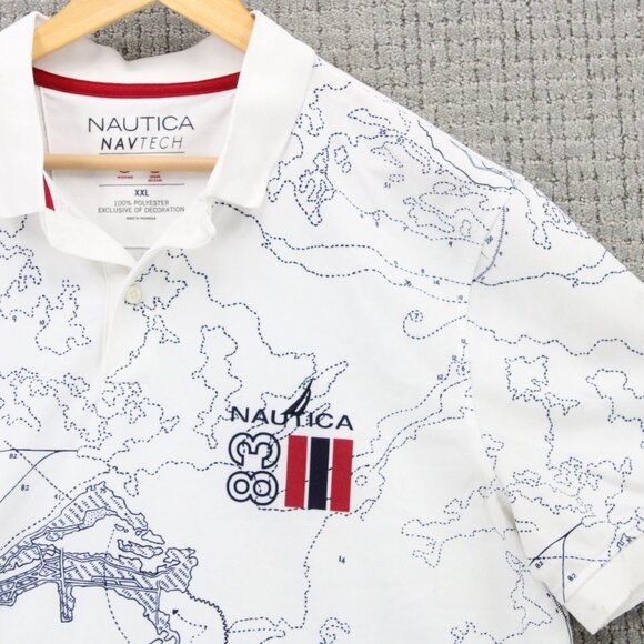 Nautica Navtech Polo Shirt Mens 2XL White Maps All Over Print Exclusive Print - Picture 2 of 9